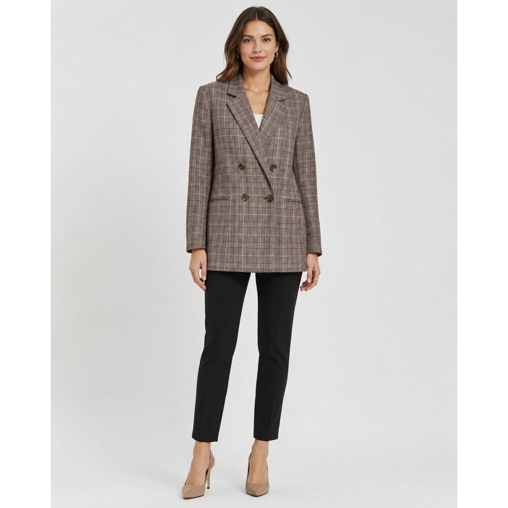 Maeve By Anthropologie Plaid Double Breasted Blazer Brown Linen Cotton US 6
